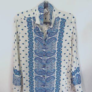 NWT Entro Blue and White Long Sleeve Paisley Boho Button Up Top